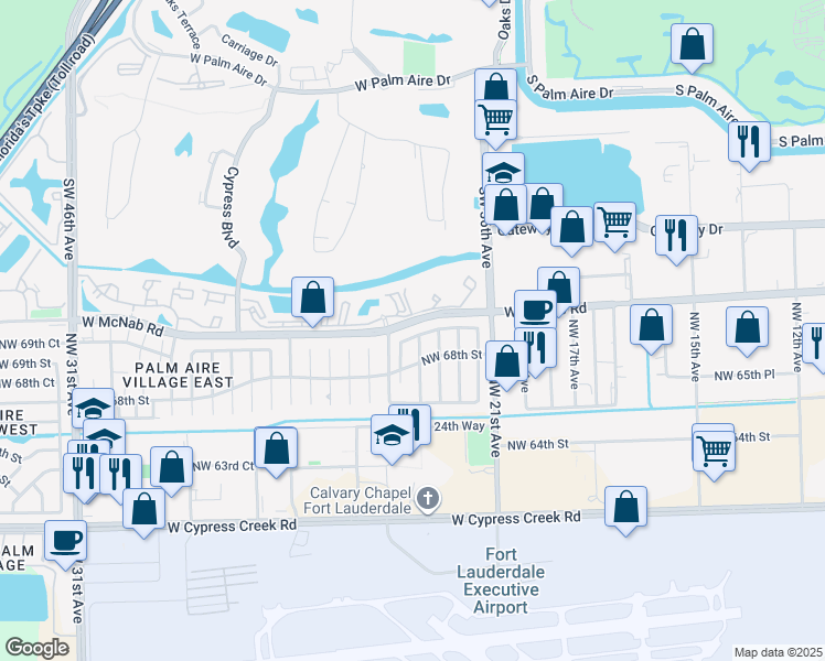 map of restaurants, bars, coffee shops, grocery stores, and more near 2431 Northwest 69th Court in Fort Lauderdale