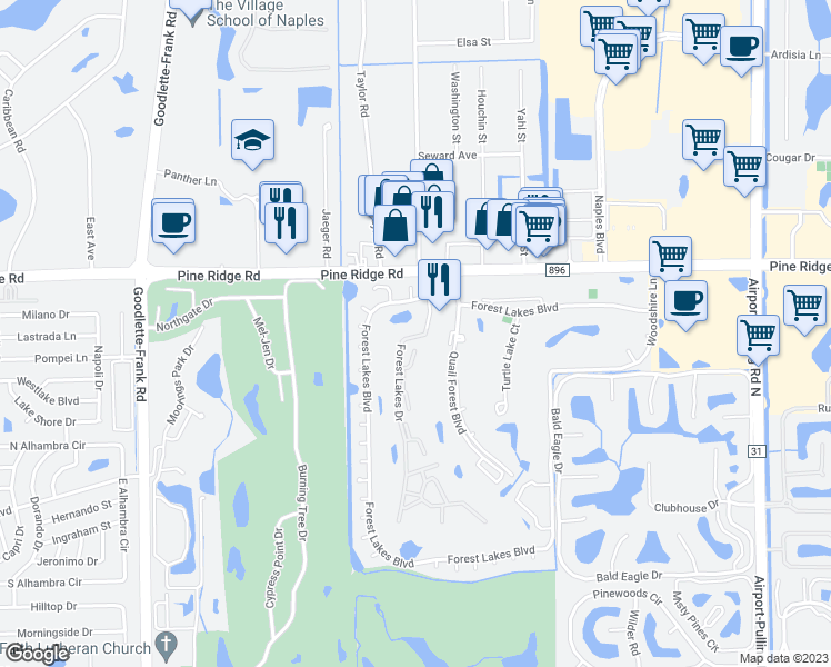 map of restaurants, bars, coffee shops, grocery stores, and more near 1001 Forest Lakes Drive in Naples