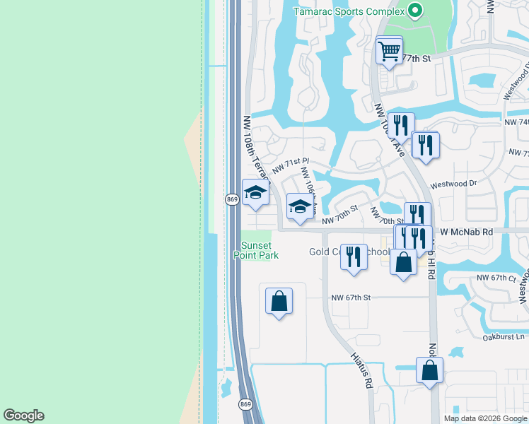 map of restaurants, bars, coffee shops, grocery stores, and more near 10930 Palm Ridge Lane in Tamarac