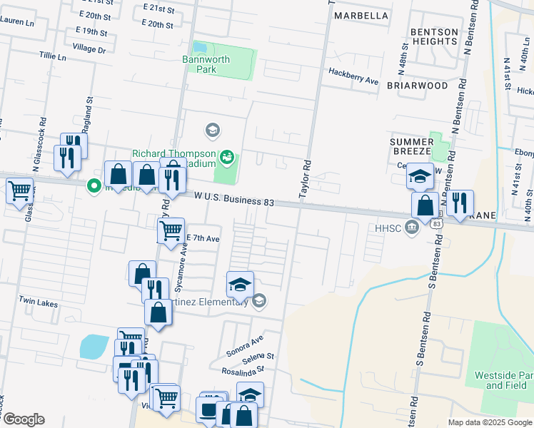 map of restaurants, bars, coffee shops, grocery stores, and more near 2510 U.S. 83 Business in Mission