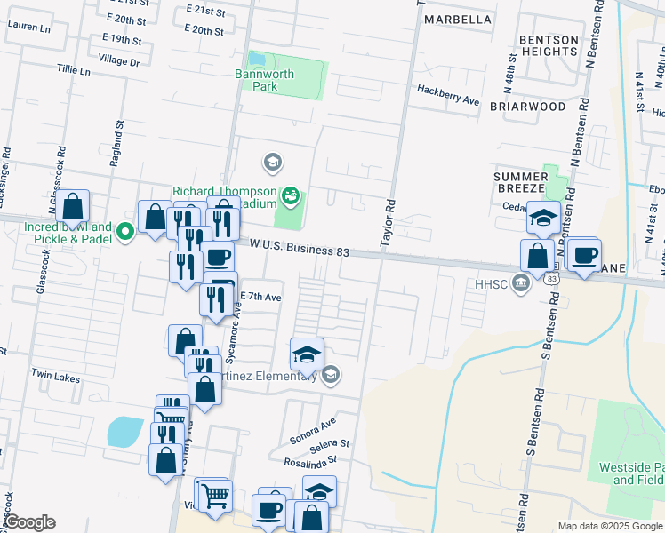 map of restaurants, bars, coffee shops, grocery stores, and more near 2510 U.S. 83 Business in Mission