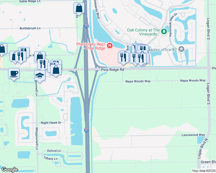 map of restaurants, bars, coffee shops, grocery stores, and more near 6250 Napa Woods Way in Naples