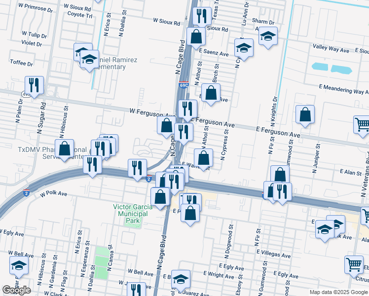 map of restaurants, bars, coffee shops, grocery stores, and more near 1505 North Cage Boulevard in Pharr