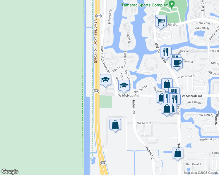 map of restaurants, bars, coffee shops, grocery stores, and more near 10930 Palm Ridge Lane in Tamarac