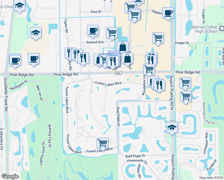 map of restaurants, bars, coffee shops, grocery stores, and more near 180 Forest Lakes Boulevard in Naples