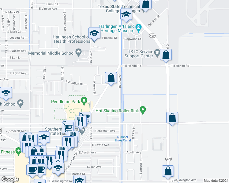 map of restaurants, bars, coffee shops, grocery stores, and more near 1711 North 25th Street in Harlingen
