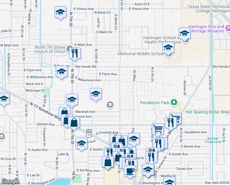 map of restaurants, bars, coffee shops, grocery stores, and more near 1801 Red Bird Lane North in Harlingen