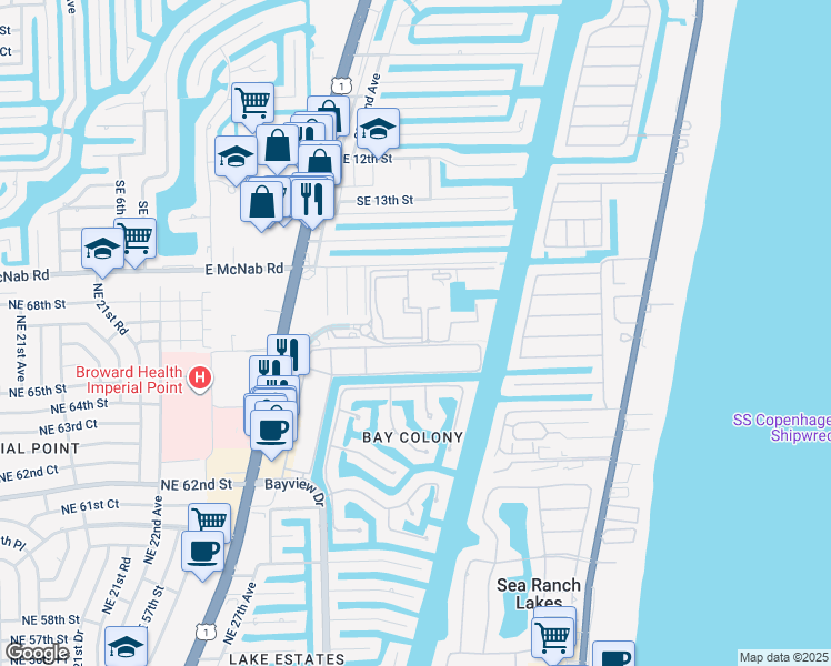 map of restaurants, bars, coffee shops, grocery stores, and more near 3101 Port Royale Boulevard in Fort Lauderdale