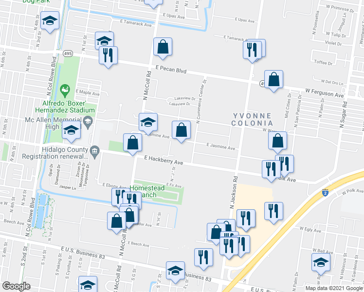 map of restaurants, bars, coffee shops, grocery stores, and more near 1100 East Jasmine Avenue in McAllen