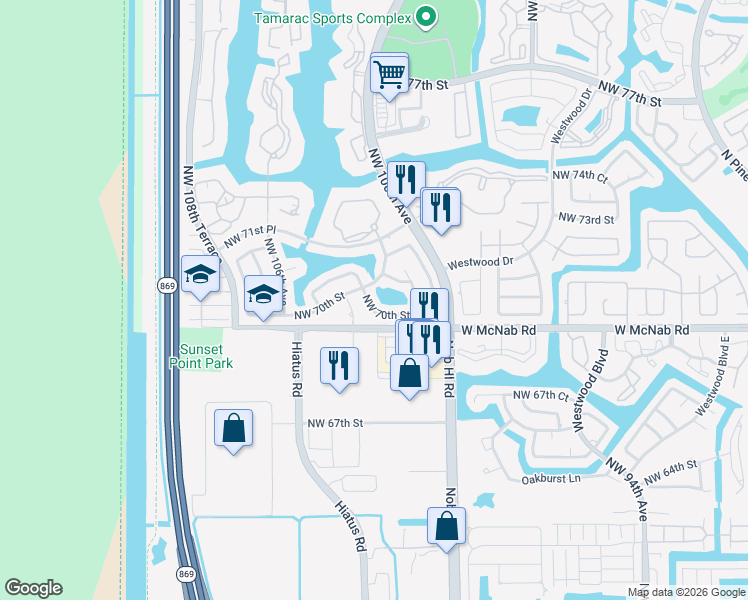 map of restaurants, bars, coffee shops, grocery stores, and more near 7018 Northwest 103rd Avenue in Tamarac
