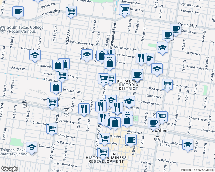 map of restaurants, bars, coffee shops, grocery stores, and more near 508 North Bicentennial Boulevard in McAllen