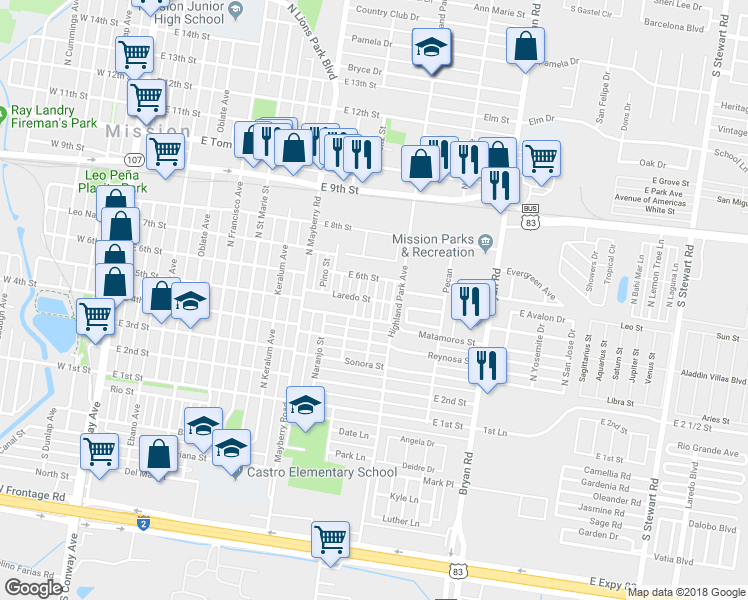 map of restaurants, bars, coffee shops, grocery stores, and more near 1201 Laredo Street in Mission