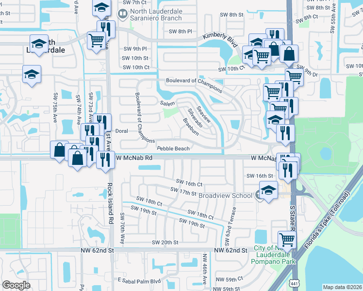 map of restaurants, bars, coffee shops, grocery stores, and more near 6602 Boulevard of Champions in North Lauderdale