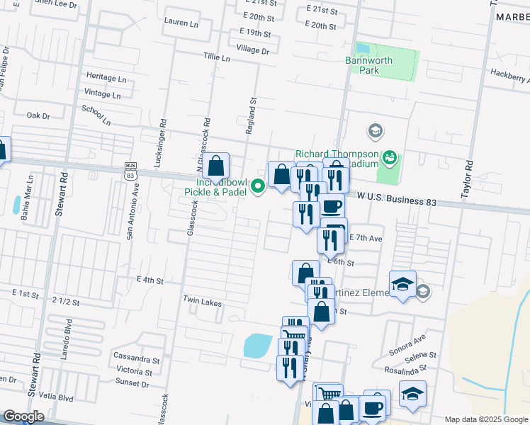 map of restaurants, bars, coffee shops, grocery stores, and more near 2140 Business Park Drive in Mission