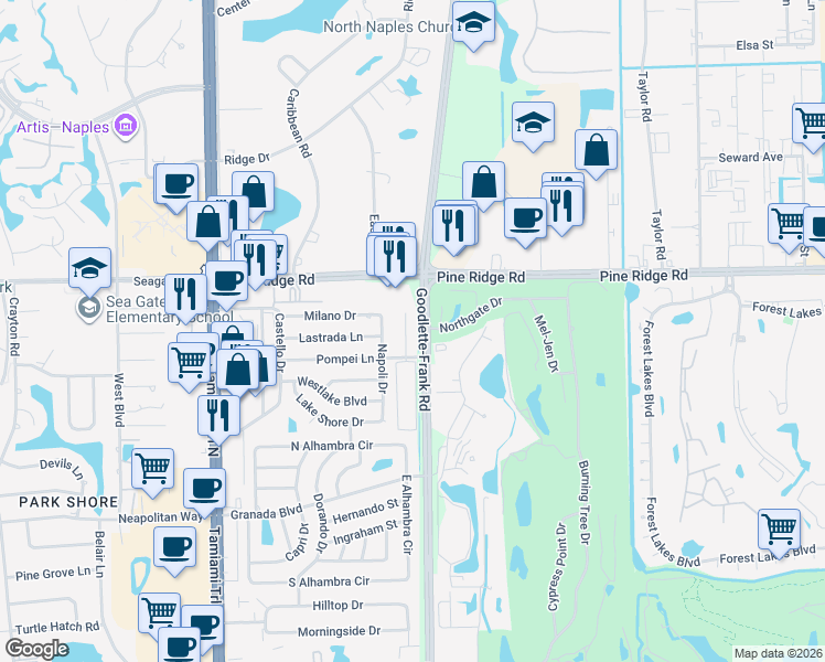 map of restaurants, bars, coffee shops, grocery stores, and more near 5116 Cortina Court in Naples