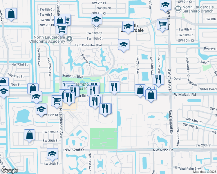 map of restaurants, bars, coffee shops, grocery stores, and more near 13 Avon Lane in North Lauderdale