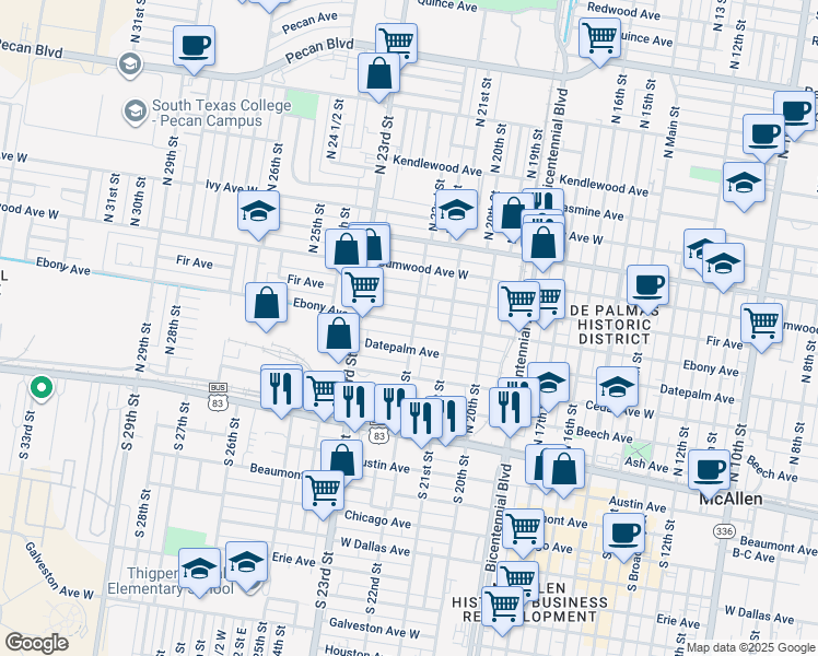 map of restaurants, bars, coffee shops, grocery stores, and more near 2201 Ebony Avenue in McAllen