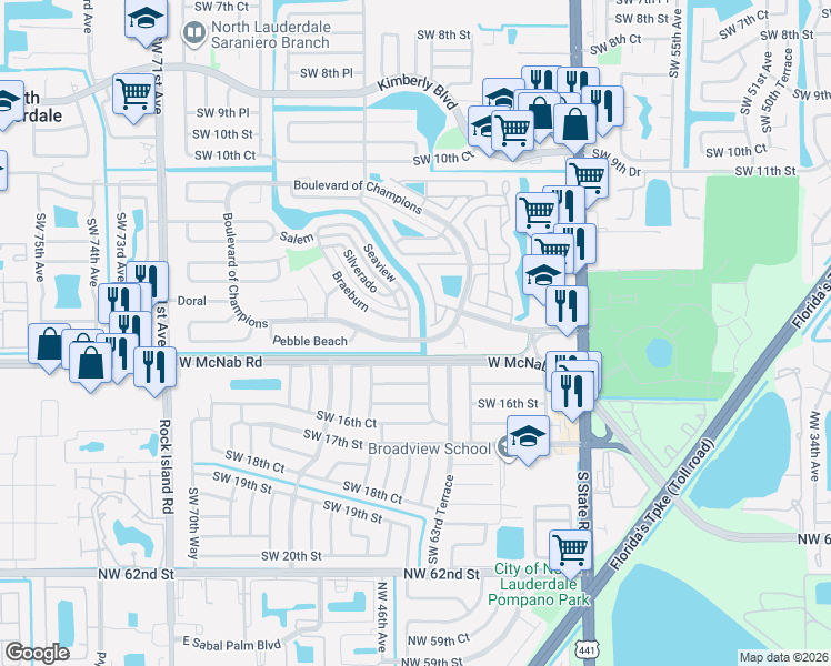 map of restaurants, bars, coffee shops, grocery stores, and more near 6401 Boulevard of Champions in North Lauderdale