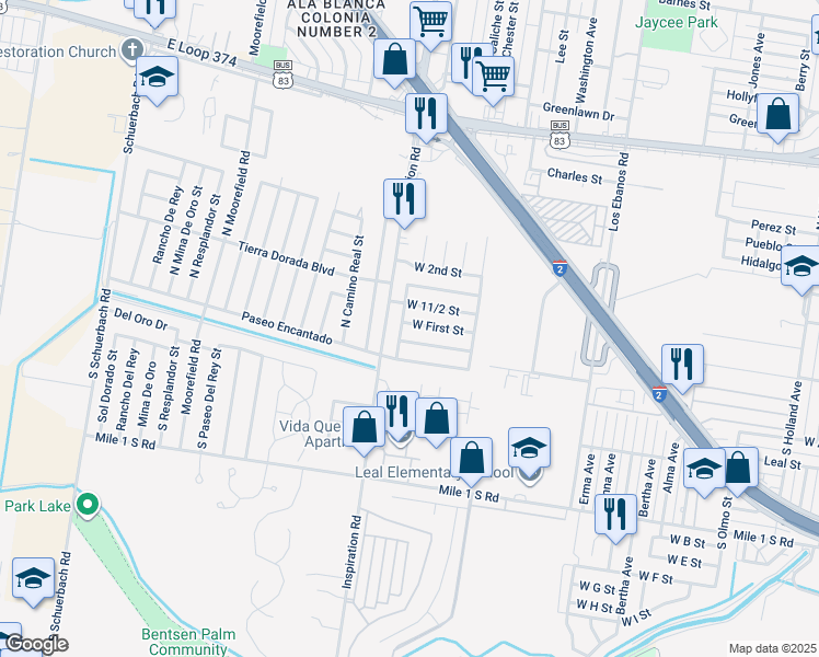 map of restaurants, bars, coffee shops, grocery stores, and more near 2103 West First Street in Mission