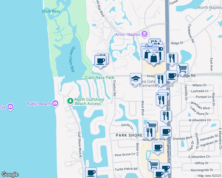 map of restaurants, bars, coffee shops, grocery stores, and more near 5136 Sand Dollar Lane in Naples
