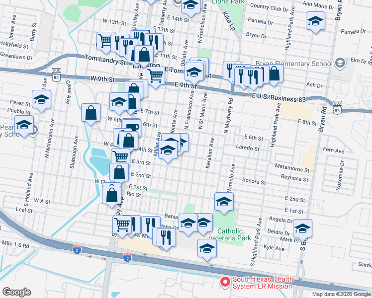 map of restaurants, bars, coffee shops, grocery stores, and more near 414 North Francisco Avenue in Mission