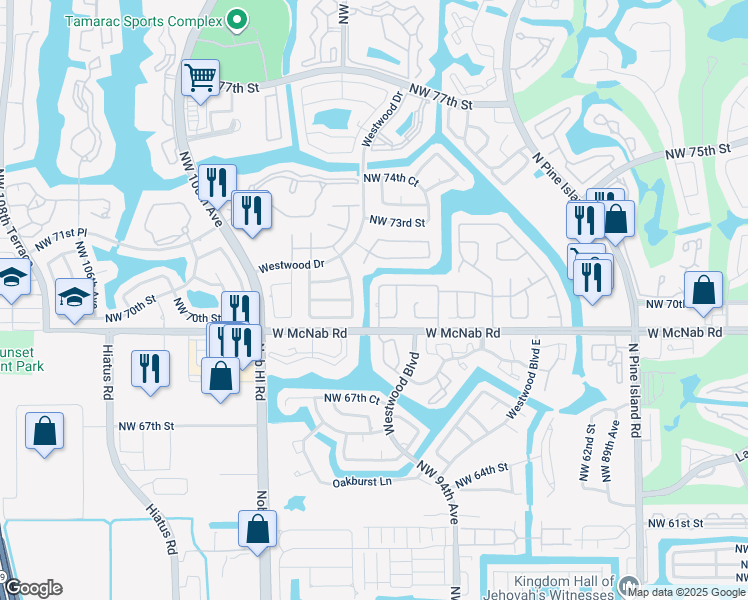 map of restaurants, bars, coffee shops, grocery stores, and more near 7007 Northwest 95th Terrace in Tamarac
