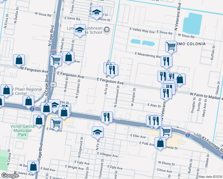 map of restaurants, bars, coffee shops, grocery stores, and more near 923 East Bagwell Avenue in Pharr