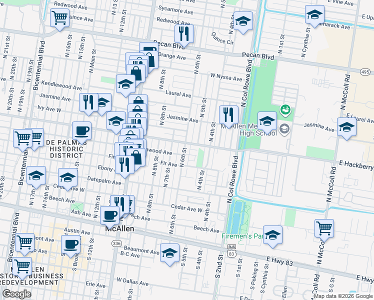 map of restaurants, bars, coffee shops, grocery stores, and more near 704 North 6th Street in McAllen