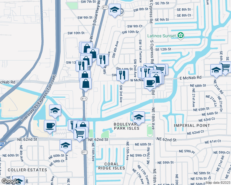 map of restaurants, bars, coffee shops, grocery stores, and more near 1700 Southwest 18th Street in Pompano Beach