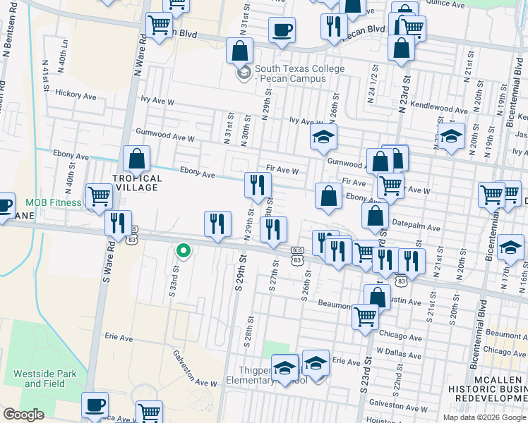 map of restaurants, bars, coffee shops, grocery stores, and more near 2736 Cedar Avenue in McAllen