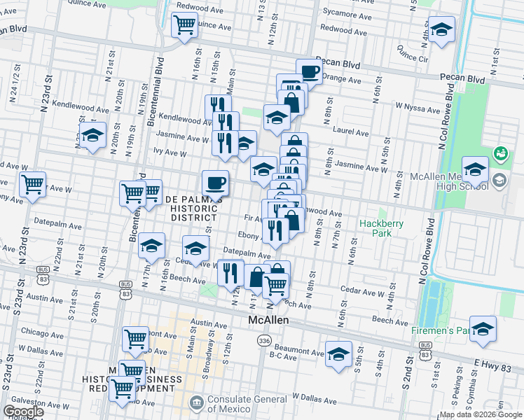 map of restaurants, bars, coffee shops, grocery stores, and more near 611 North 11th Street in McAllen