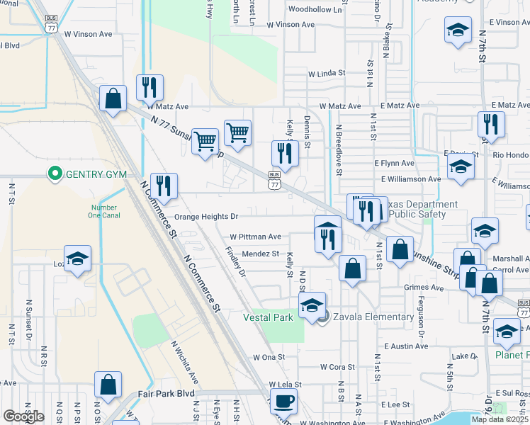 map of restaurants, bars, coffee shops, grocery stores, and more near 706 Orange Heights Drive in Harlingen
