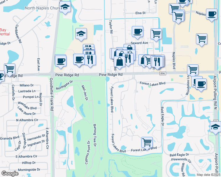 map of restaurants, bars, coffee shops, grocery stores, and more near Eucalyptus Lane in Collier County