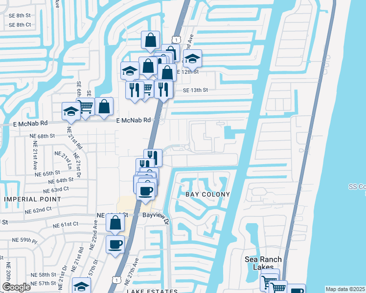 map of restaurants, bars, coffee shops, grocery stores, and more near 6604 North Federal Highway in Fort Lauderdale