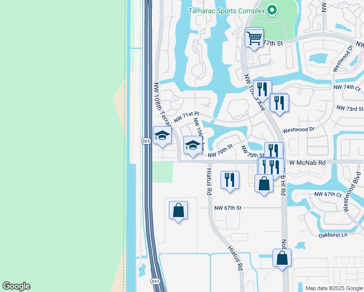 map of restaurants, bars, coffee shops, grocery stores, and more near 7025 Northwest 108th Avenue in Tamarac