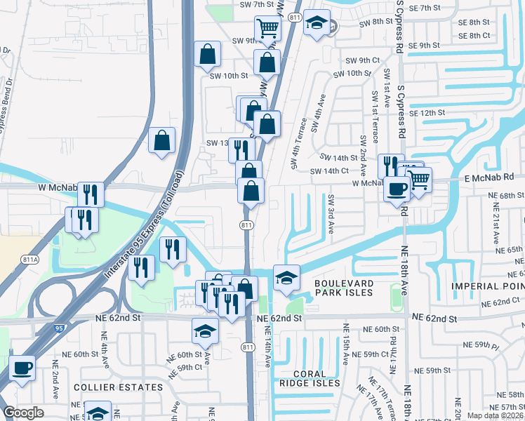 map of restaurants, bars, coffee shops, grocery stores, and more near 1631 Southwest 7th Avenue in Pompano Beach