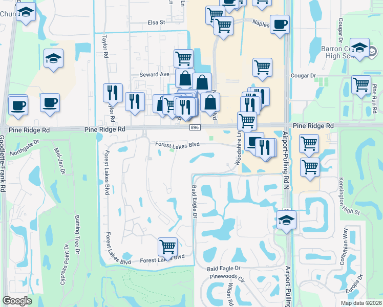 map of restaurants, bars, coffee shops, grocery stores, and more near 180 Forest Lakes Boulevard in Naples