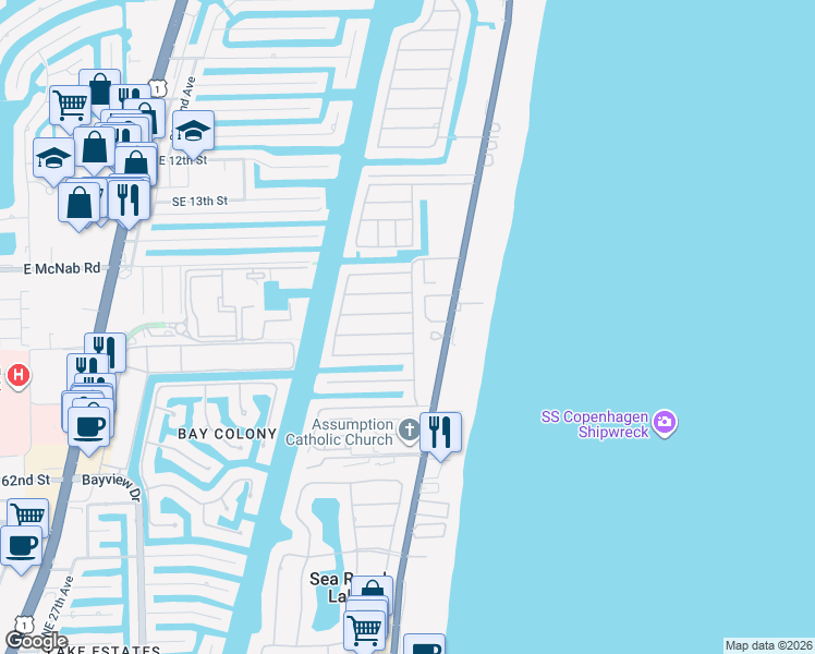 map of restaurants, bars, coffee shops, grocery stores, and more near 2061 Sailfish Place in Pompano Beach