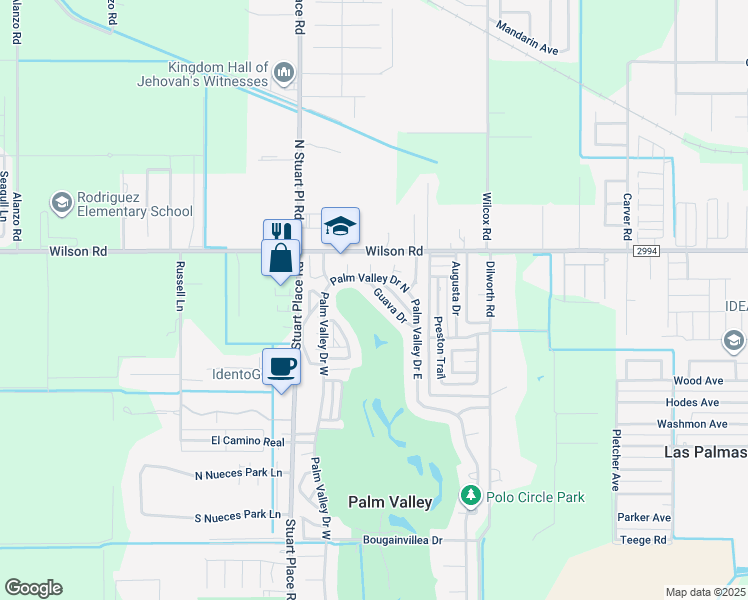 map of restaurants, bars, coffee shops, grocery stores, and more near 5401 Guava Drive in Harlingen