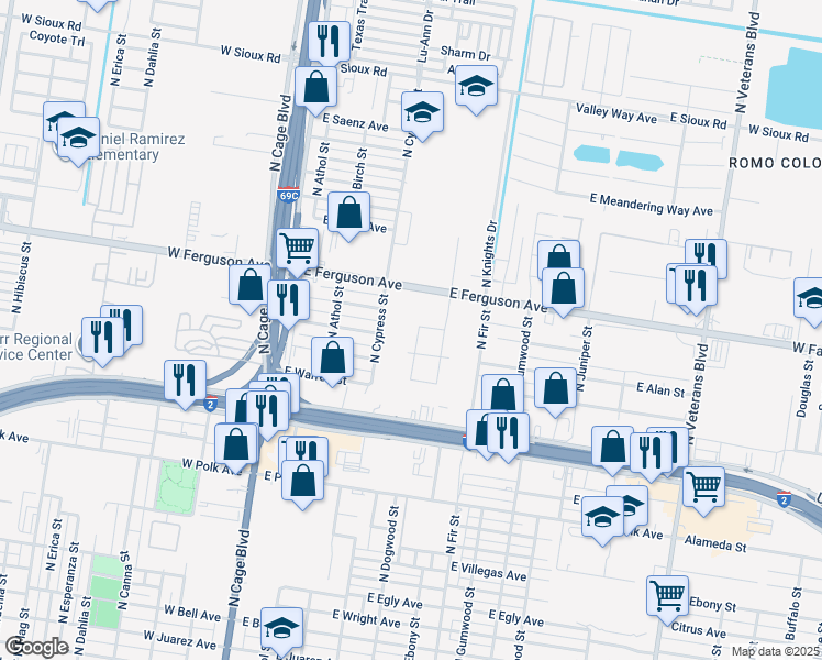 map of restaurants, bars, coffee shops, grocery stores, and more near 1709 N Date St in Pharr