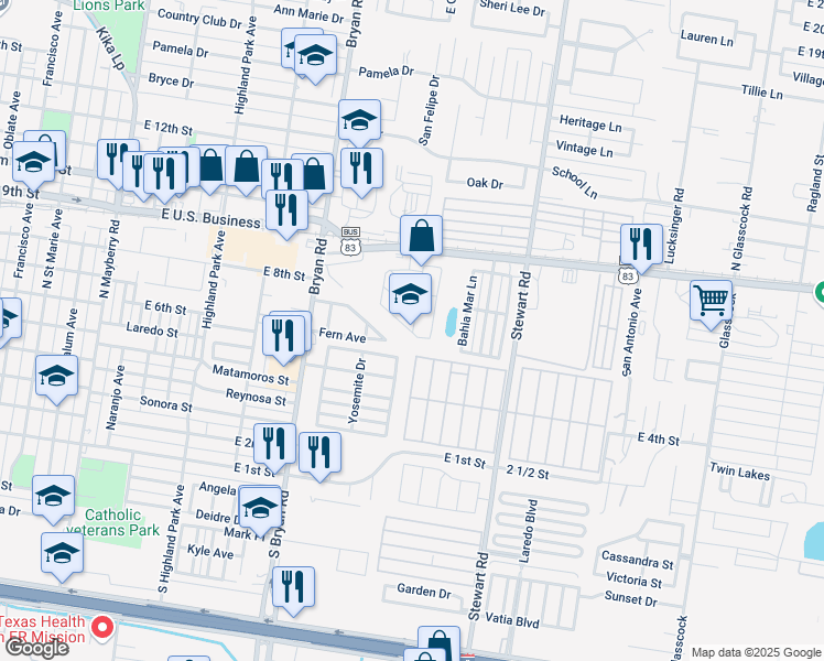 map of restaurants, bars, coffee shops, grocery stores, and more near 78 Showers Drive in Mission