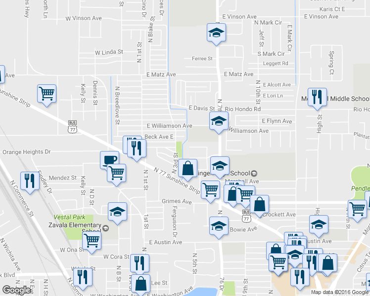 map of restaurants, bars, coffee shops, grocery stores, and more near 501 Jade Drive in Harlingen