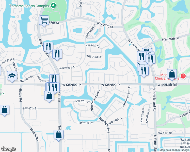map of restaurants, bars, coffee shops, grocery stores, and more near 7008 Northwest 95th Avenue in Tamarac