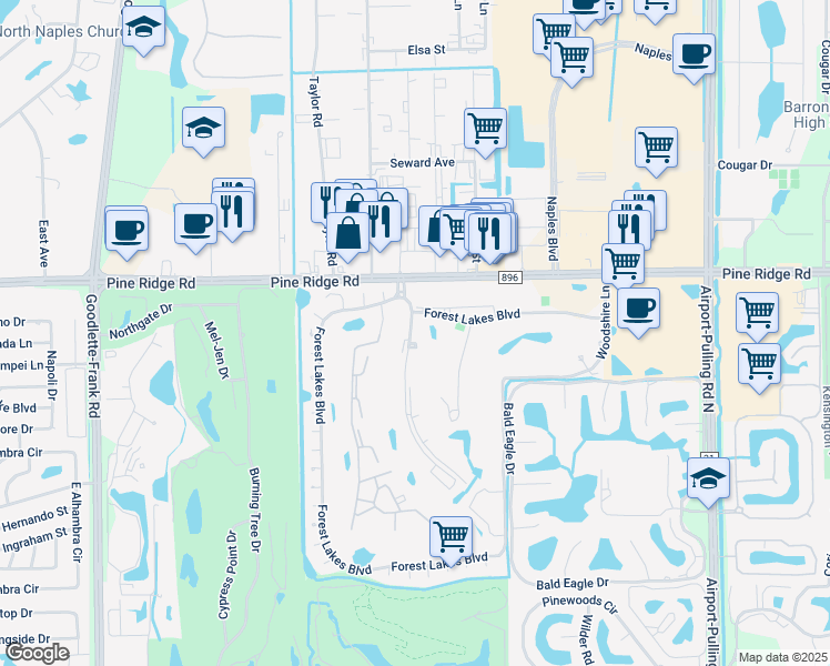 map of restaurants, bars, coffee shops, grocery stores, and more near 102 Quail Forest Boulevard in Naples