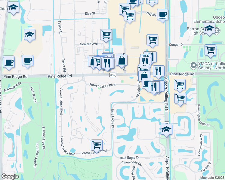map of restaurants, bars, coffee shops, grocery stores, and more near 300 Forest Lakes Boulevard in Naples