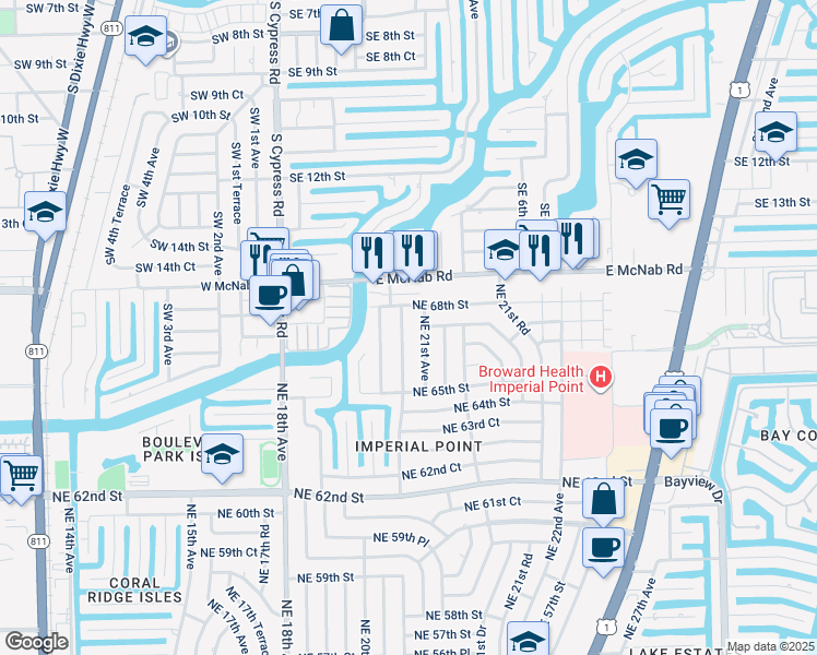 map of restaurants, bars, coffee shops, grocery stores, and more near 6630 Northeast 20th Way in Fort Lauderdale