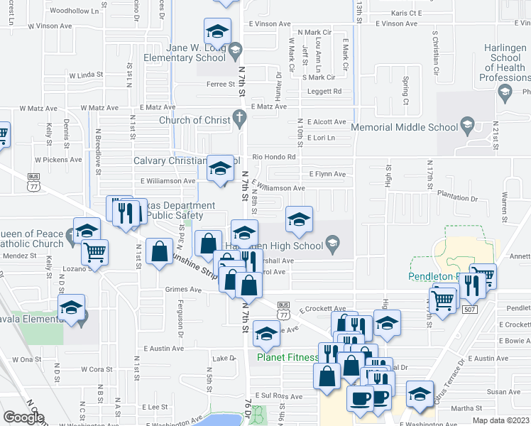 map of restaurants, bars, coffee shops, grocery stores, and more near 805 East Robin Avenue in Harlingen