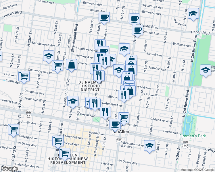map of restaurants, bars, coffee shops, grocery stores, and more near 610 North Broadway Street in McAllen