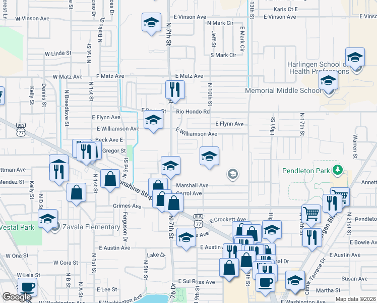 map of restaurants, bars, coffee shops, grocery stores, and more near 809 East Robin Avenue in Harlingen