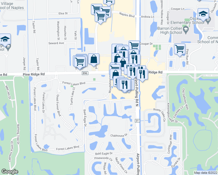 map of restaurants, bars, coffee shops, grocery stores, and more near 101 Woodshire Ln in Naples